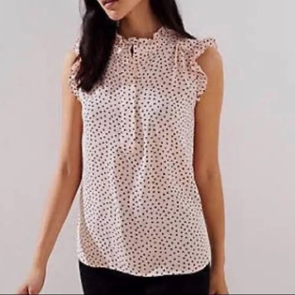 Loft blush pink popover blouse with black hearts and ruffle sleeves